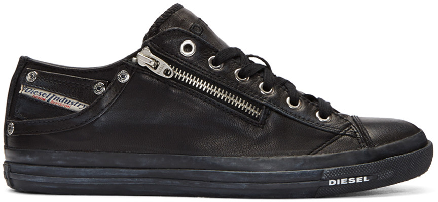 Diesel Expo Zip Black Womens Leather Lo Trainers Shoes